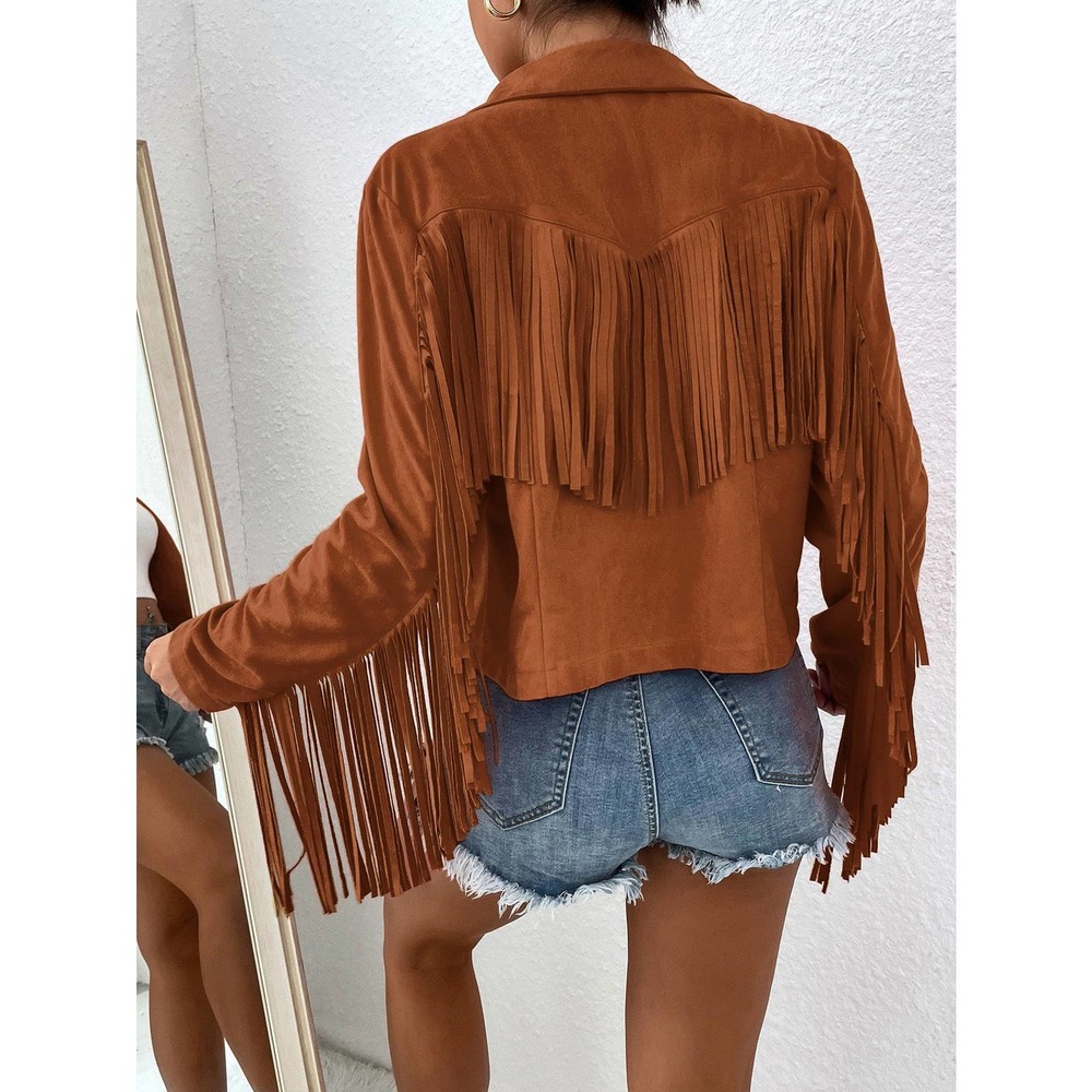 boho cowboy Fringe Trim Open Front Jacket vegan suede hot pink - Picture 5 of 11